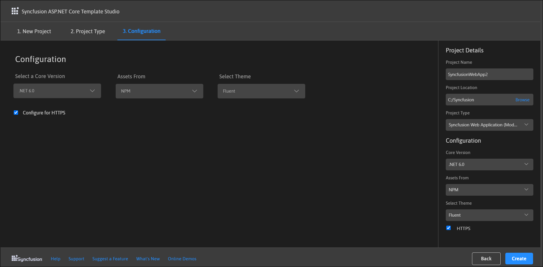 Choose the required .NET Core version, Assets From, theme, and HTTPS configuration