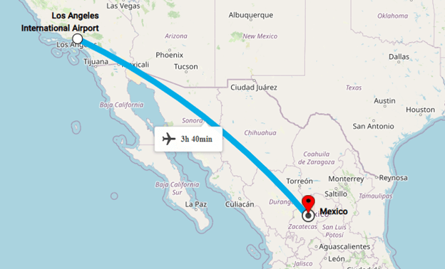 Flight Route Between Los Angeles and Mexico City