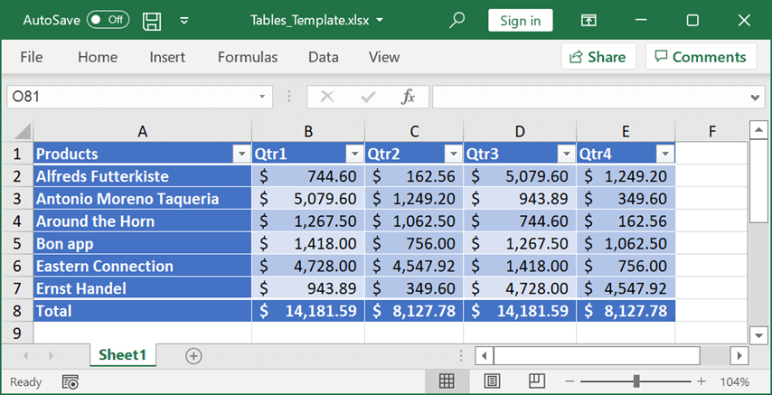 Tables Support for Flutter Excel Library