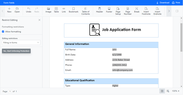 Editing Restriction Feature in Form Fields of JavaScript Word Processor