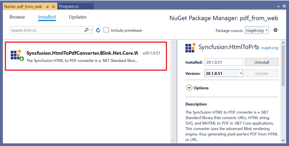 Install the Syncfusion.HtmlToPdfConverter.Blink.Net.Core.Windows NuGet package