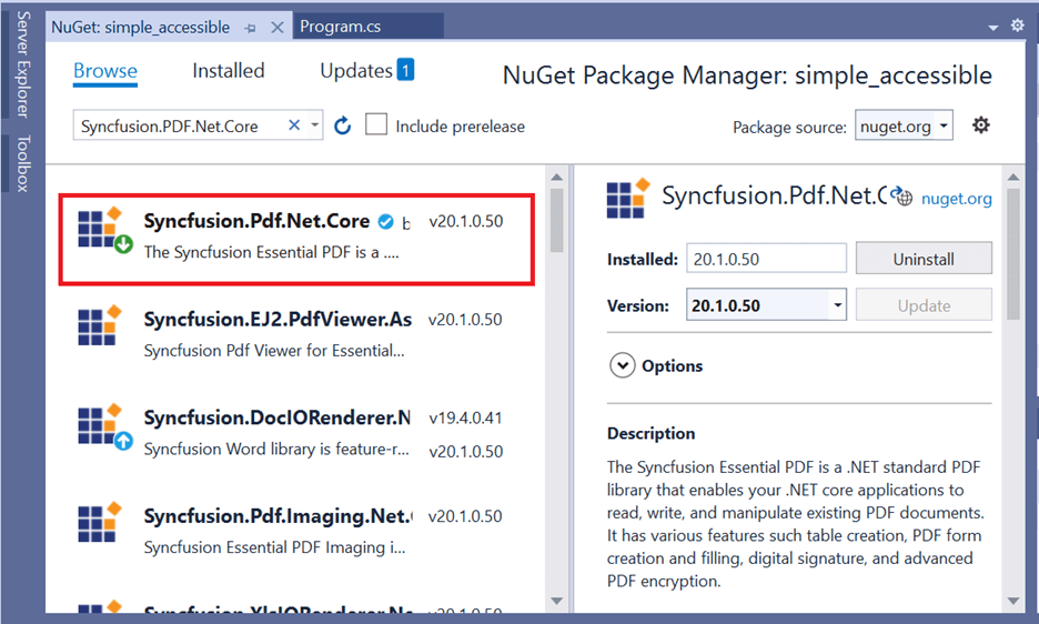 Install the Syncfusion.Pdf.Net.Core NuGet package