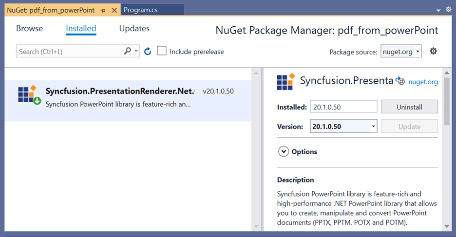 Install the Syncfusion.PresentationRenderer.Net.Core NuGet package