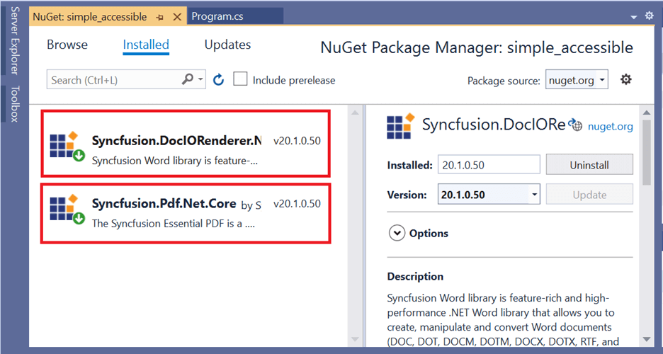 Installing PDF.NET.Core and DocIO Renderer.NET.Core NuGet