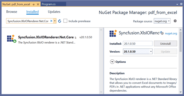 Install the Syncfusion.XlsIORenderer.Net.Core NuGet package
