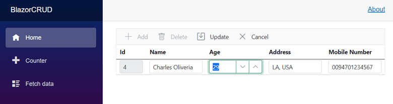 Updating a row record in the Blazor app