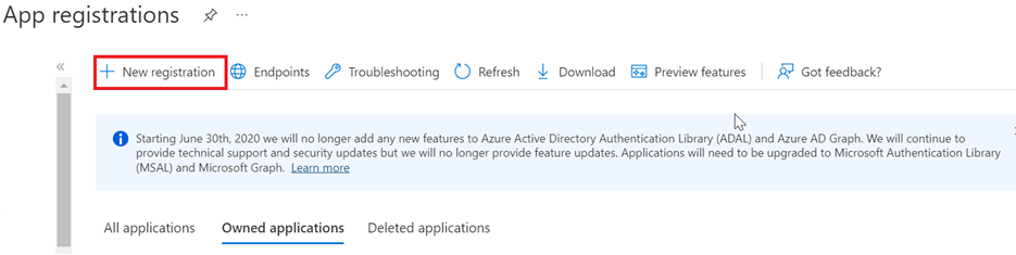 App registrations page in Azure Active Directory