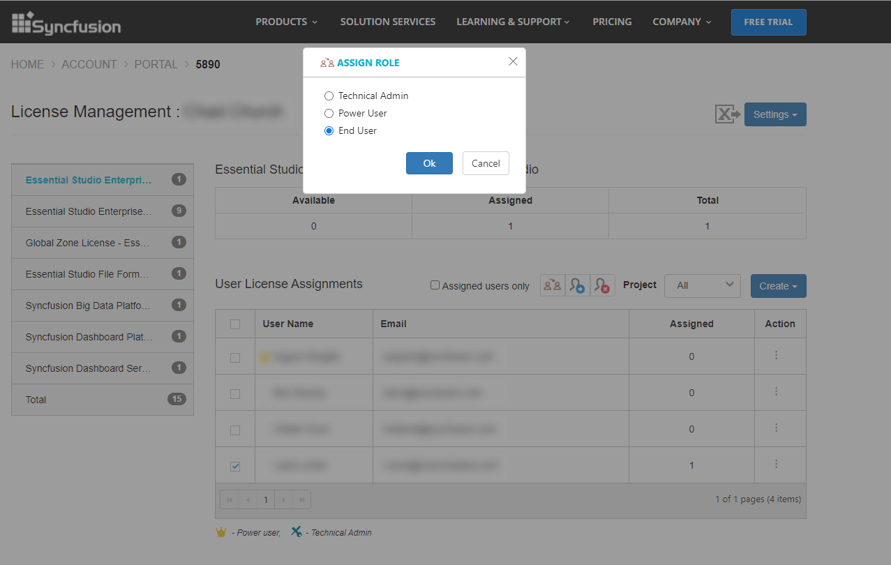 Assign Role dialog in License management portal