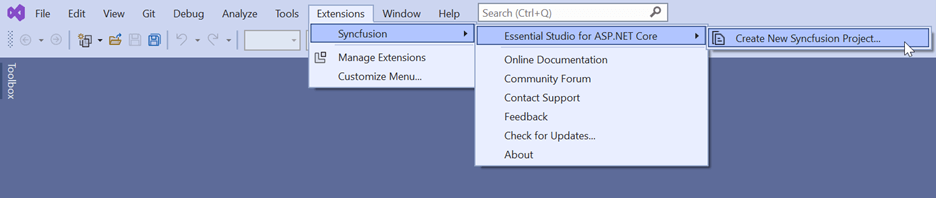 Click Extensions, Syncfusion, Essential Studio for ASP.NET Core and Create New Syncfusion Project