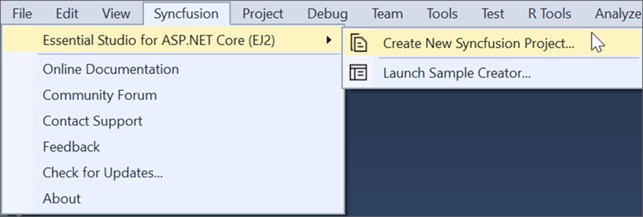Click on Syncfusion menu and choose Essential Studio for ASP.NET Core (EJ2) then Create New Syncfusion Project