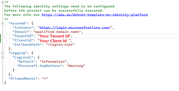 Configure the client tenant id, and application id in the appsettings.json file