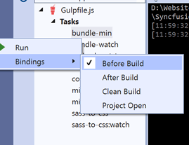 Right-click on a gulp task and choose Bindings