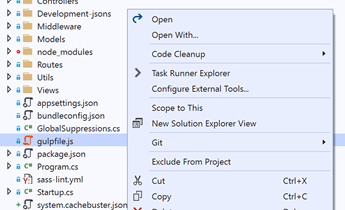 Open Solution Explorer, and right-click gulpfile.js