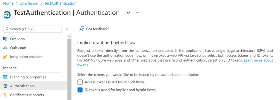 Select the Id tokens check box in the Authentication page