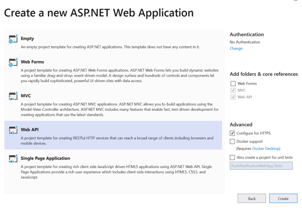 Create a new ASP.NET web application dialog