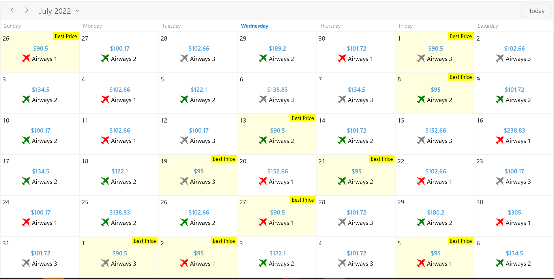 Lowest Airfare Calendar Built with the WinUI Scheduler