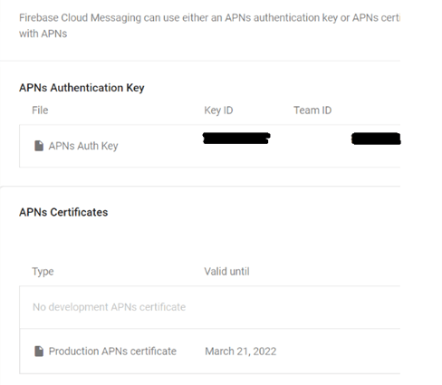 Upload the APNS certificate or key to Firebase