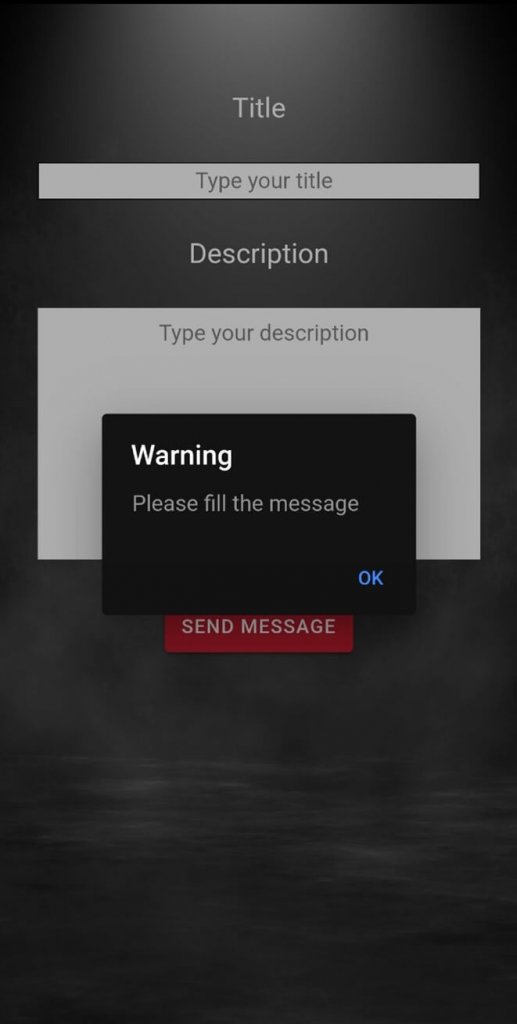 Screenshot of the Send Notification page showing warning popup