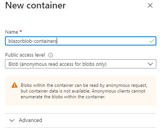 Enter the container's name and select the public access level 