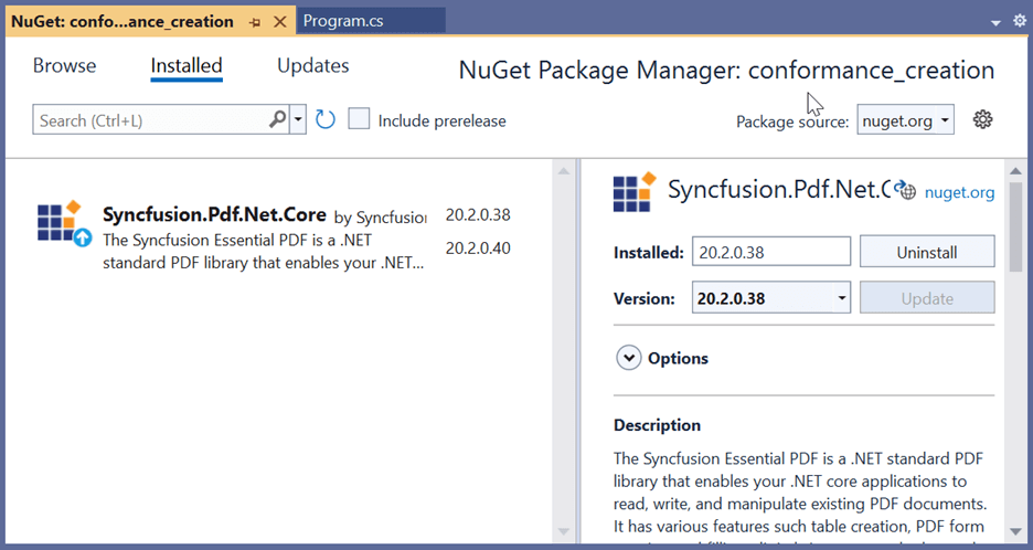 Install the Syncfusion.Pdf.Net.Core NuGet package