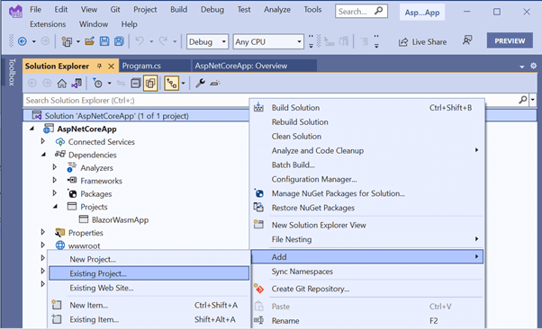 ASP.NET Core Solution Panel in Visual Studio