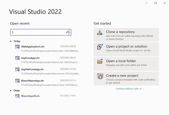 Visual Studio Start Window