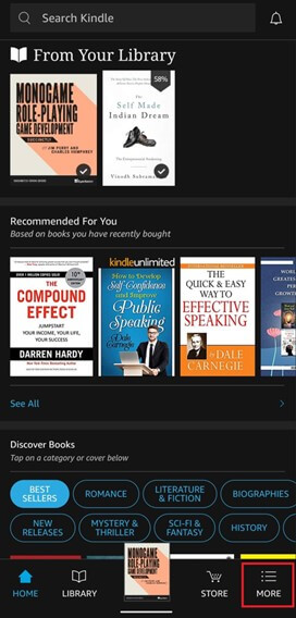 The More button in the Kindle app