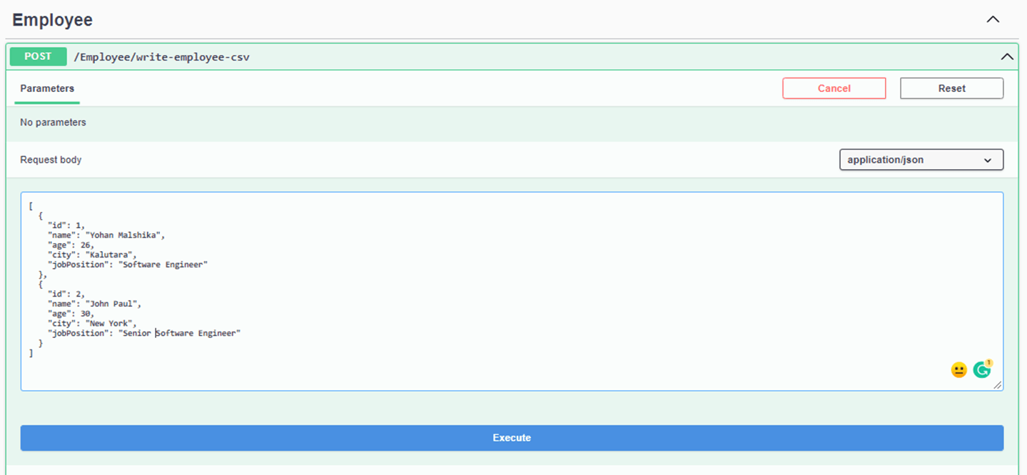 Run the write-employee-csv endpoint to test the service