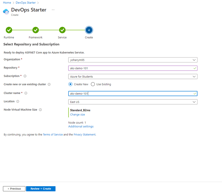 Select the repository and subscription for the DevOps Starter project