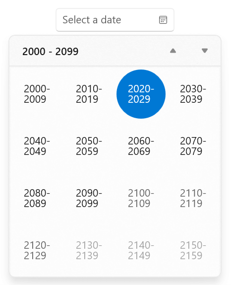 Century View in Calendar Date Range Picker