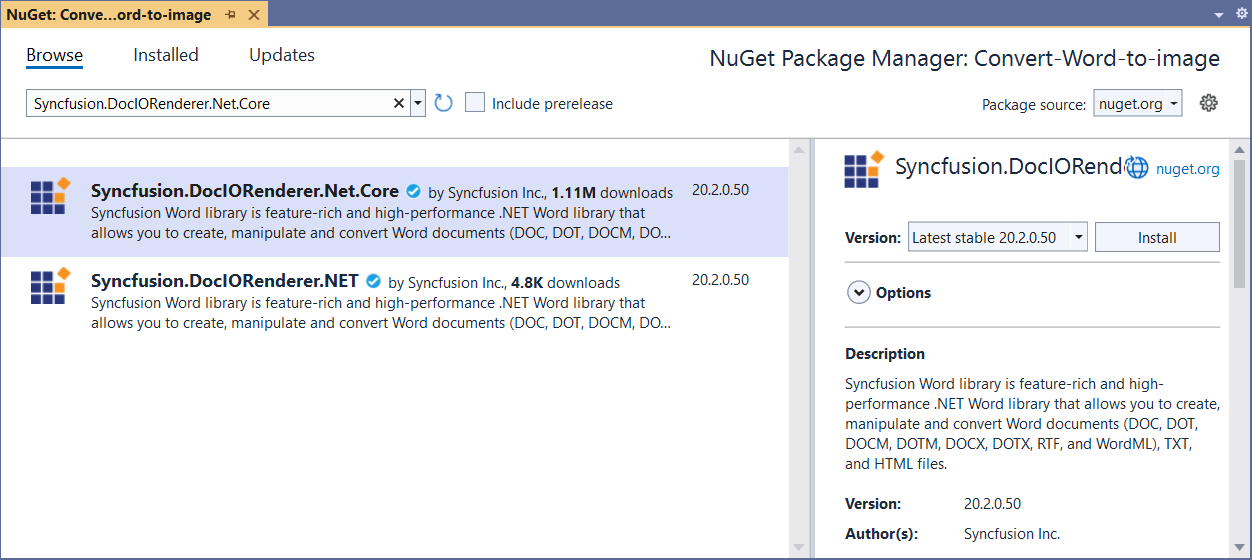 Install the Syncfusion.DocIORenderer.Net.Core NuGet package