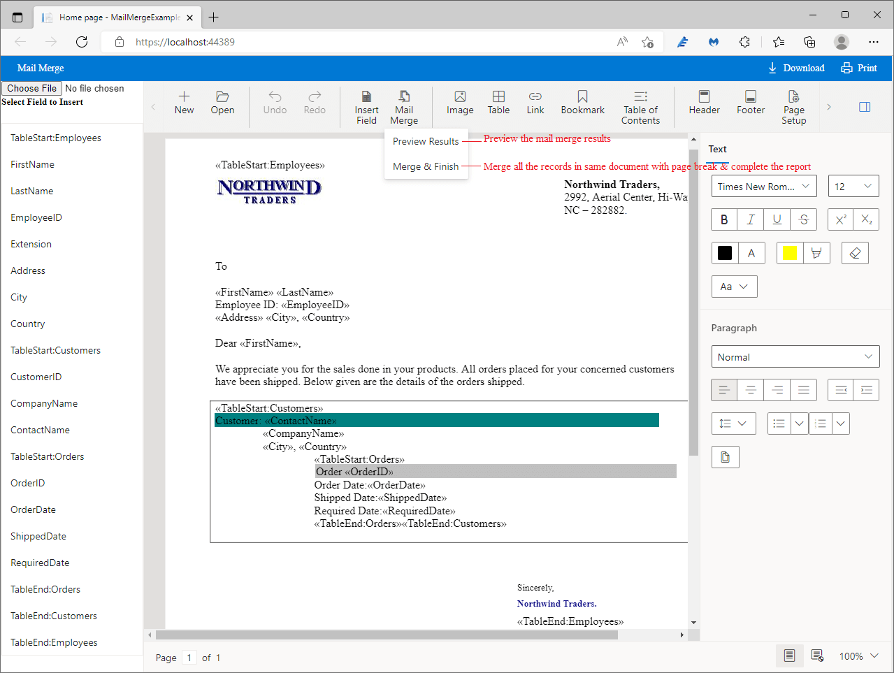Previewing the Generated Word Document Template Using the Angular Word Processor