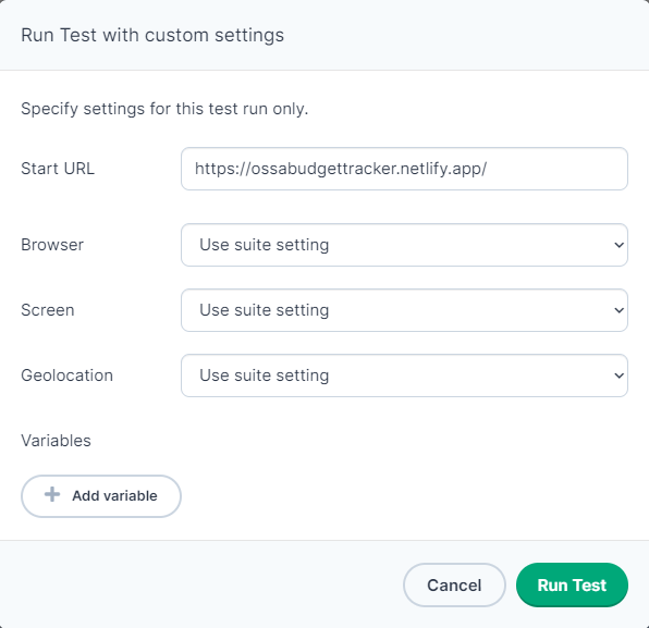 Run Test with custom settings window in Ghost Inspector