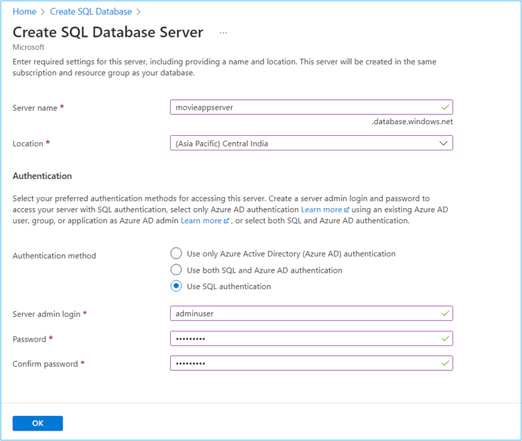 SQL Database server configuration