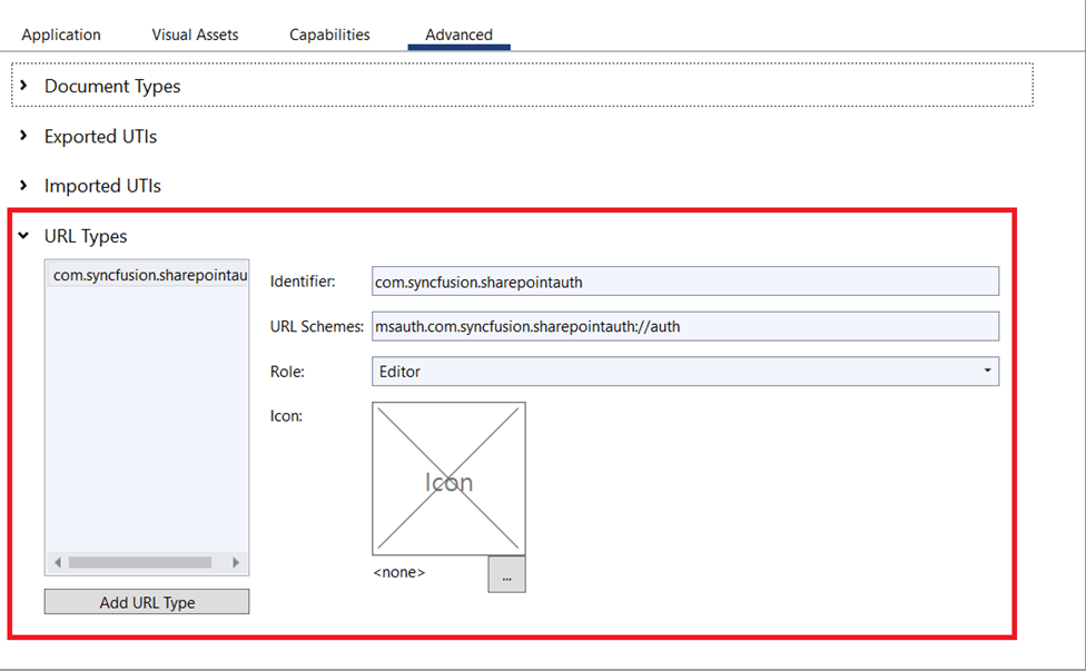 Add or update the Identifier, URL Schemes, and Role properties in the URL type