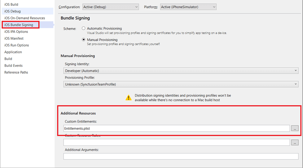 Navigate to Properties , iOS Bundle Signing and then Additional Resources