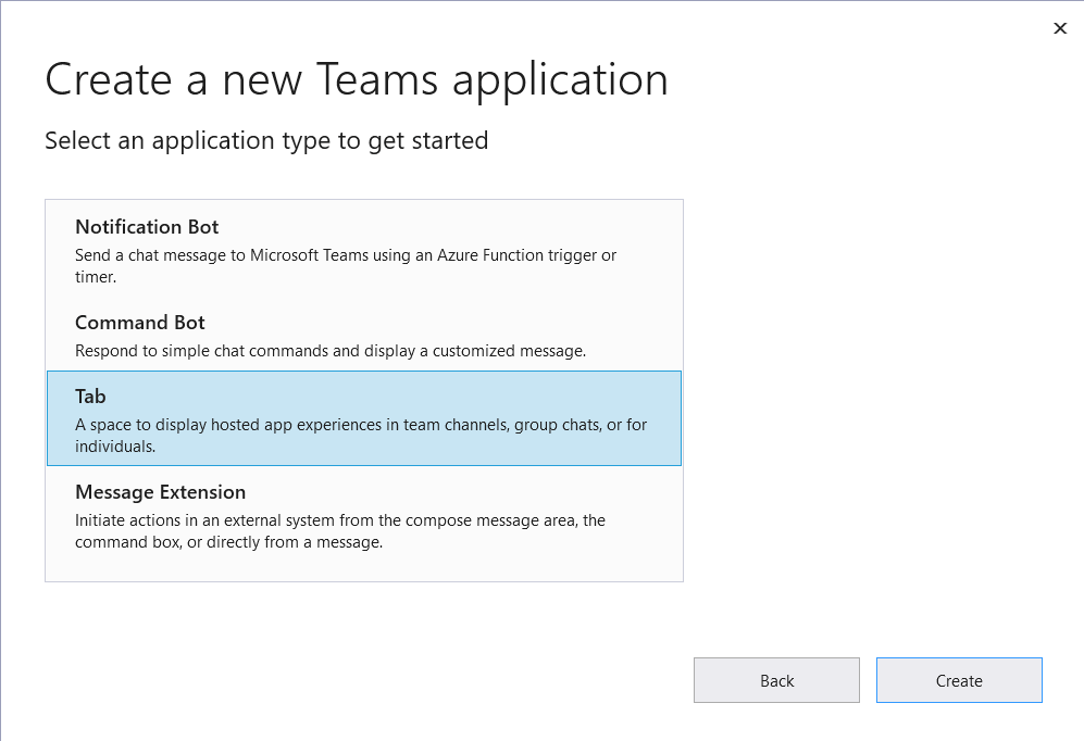 Select the type of Teams application to create