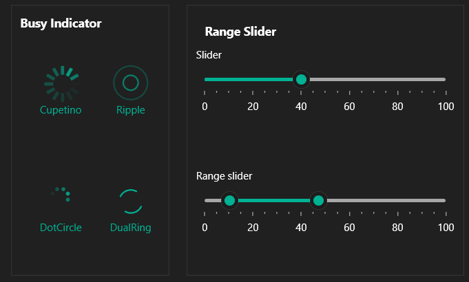 Syncfusion WPF Busy Indicator and Range Slider in Windows 11 Dark Theme with MintLight Color Palette