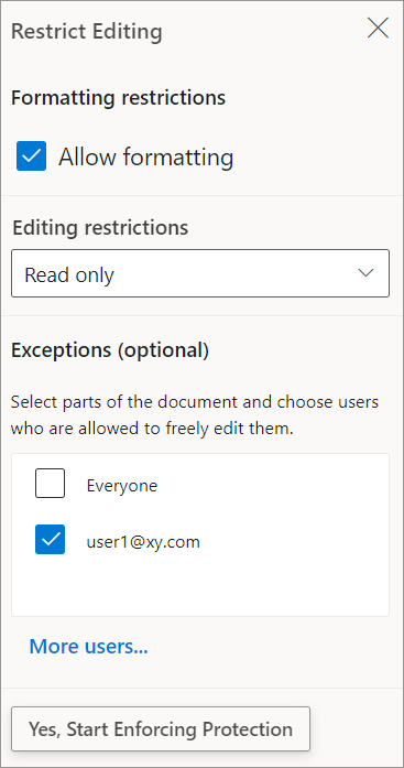 The enforce protection option in the Restrict Editing pane