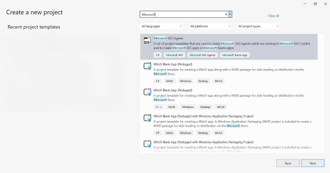 Selection of Teams app from the project templates