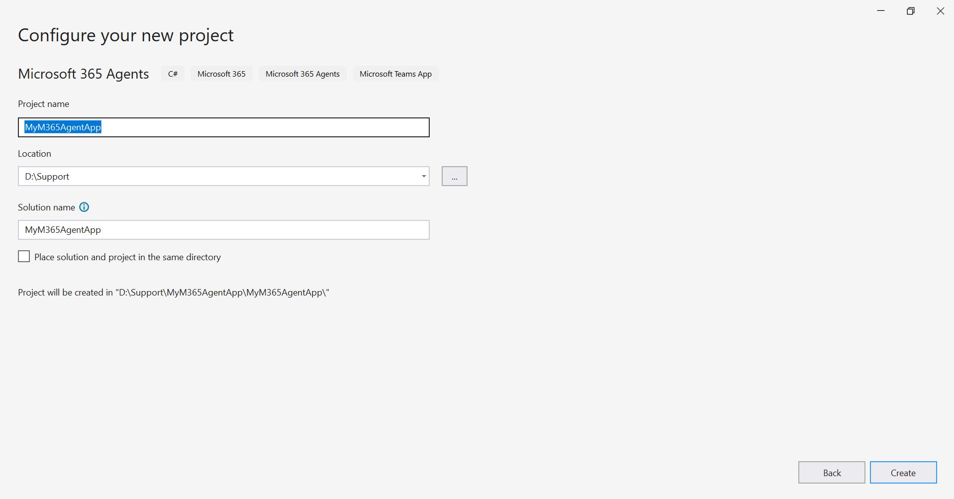 Configure the project name and location