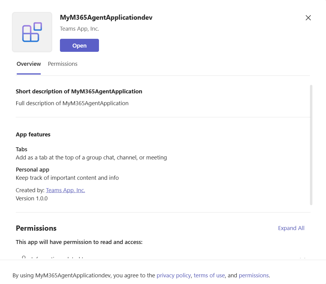 Newly created Microsoft Teams application