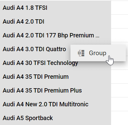 Group option in the context menu to group Audi car names