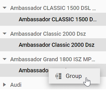 Group option in the context menu to group other car names by brand.