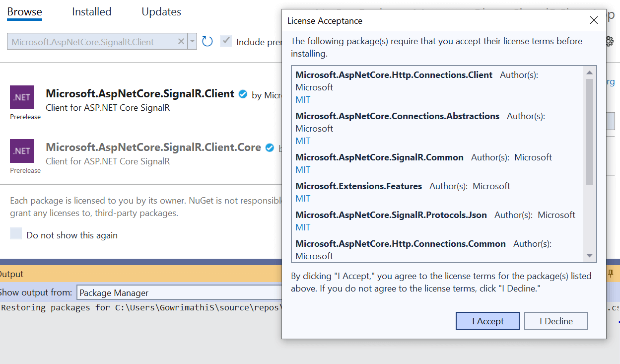 Microsoft.AspNetCore.SignalR.Client package