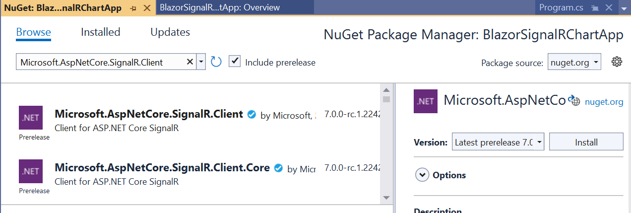 Set the Package source to nuget.org