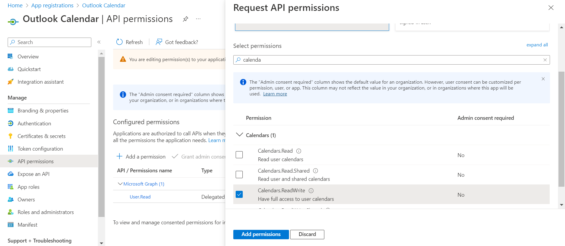 Request Outlook Calendar API Permission