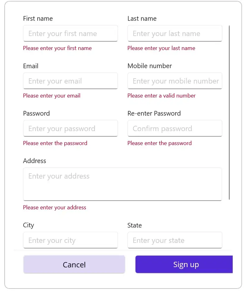 Sign-Up Form Showing Validation Messages