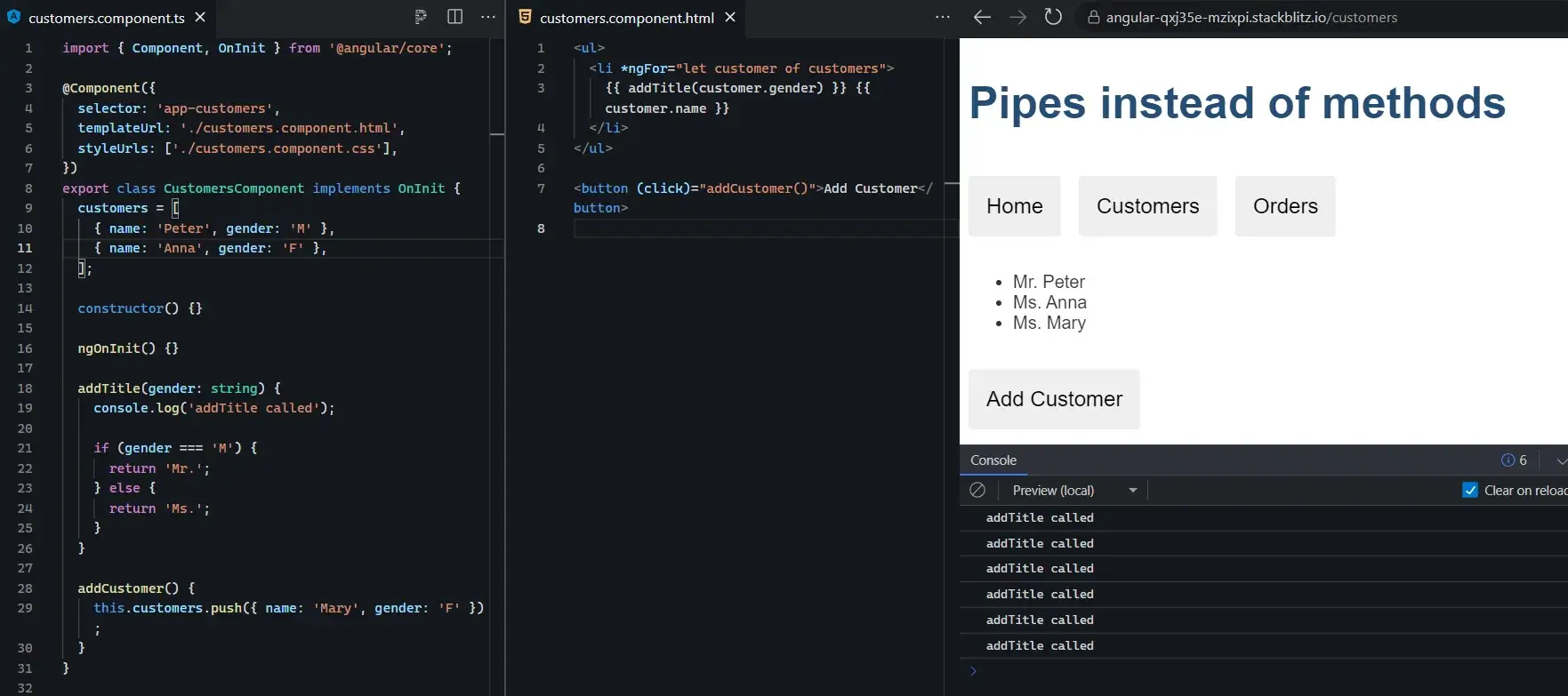 Use pure pipes instead of methods in Angular