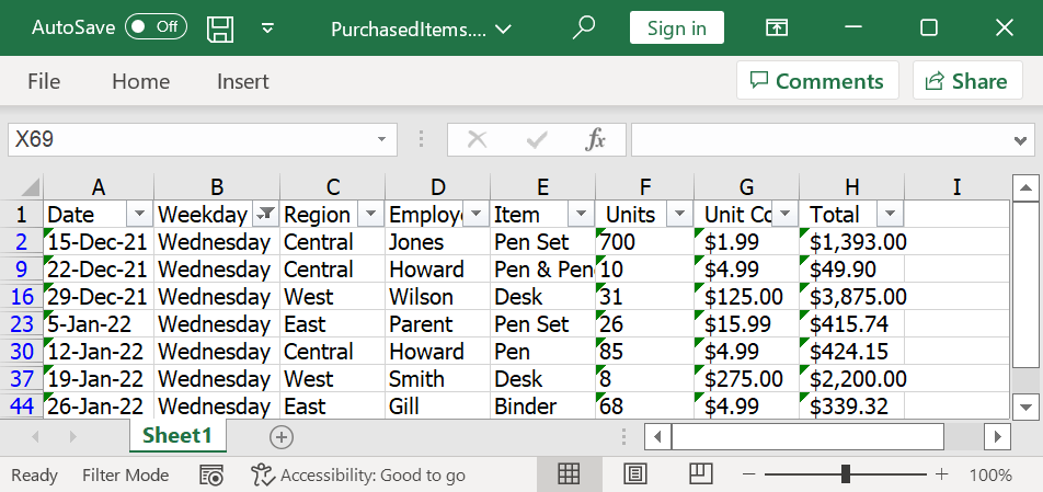 Applying Filters to the Imported CSV Data in an Excel Document